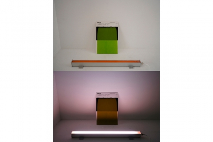 SCW-30 version 1 5/5 (2019) | 51 x 7,5 x 4 cm & 2 x 19,4 x 28,9 cm | fluorescent LED fixture - two coloured samples & notes on paper