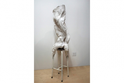 Myofibril #I (2014) | 178 x 60 x 66 cm | hydrostone - mesh wire - cheese cloth - found stool